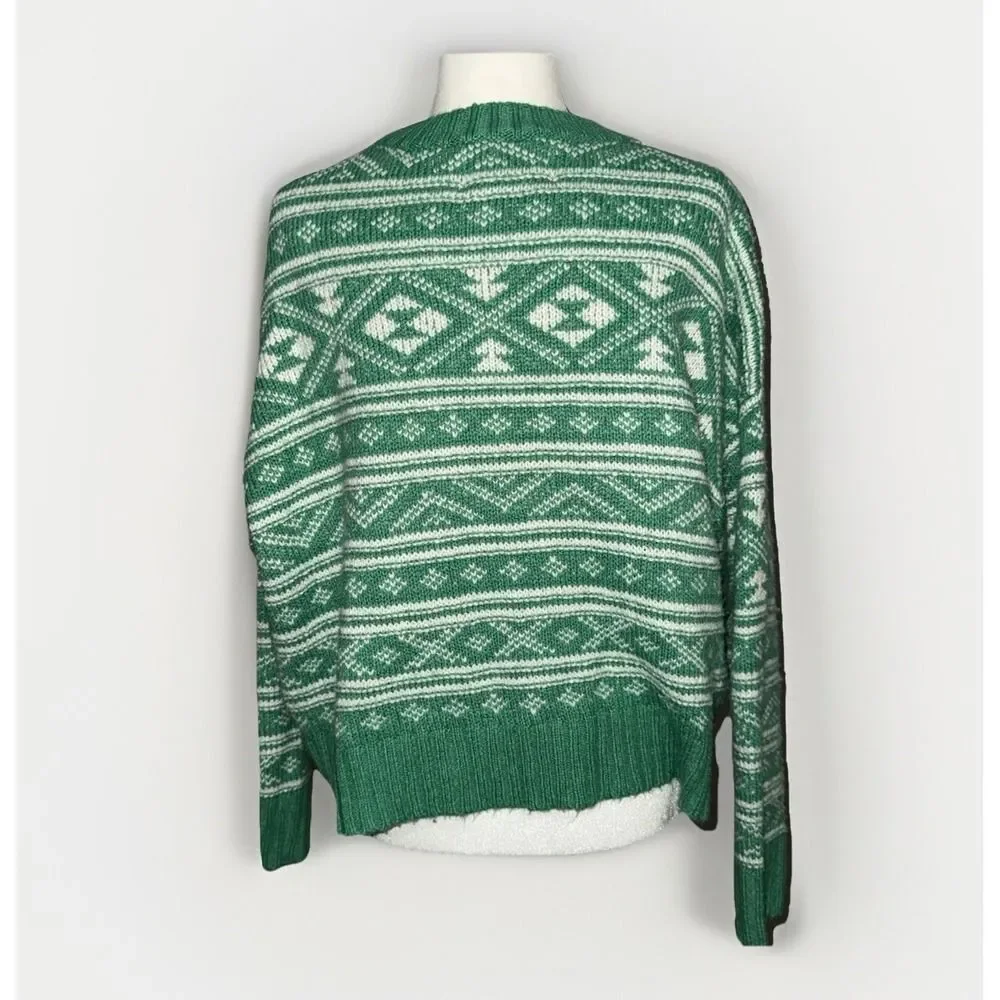 American Eagle Green Fair Isle Sweater Crewneck Snowdrift Warm Cozy Large St Pat